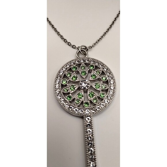 Green Crystal Key Necklace Triple Chain Bottom Into One Faceted Crystal Layered - Picture 9 of 12
